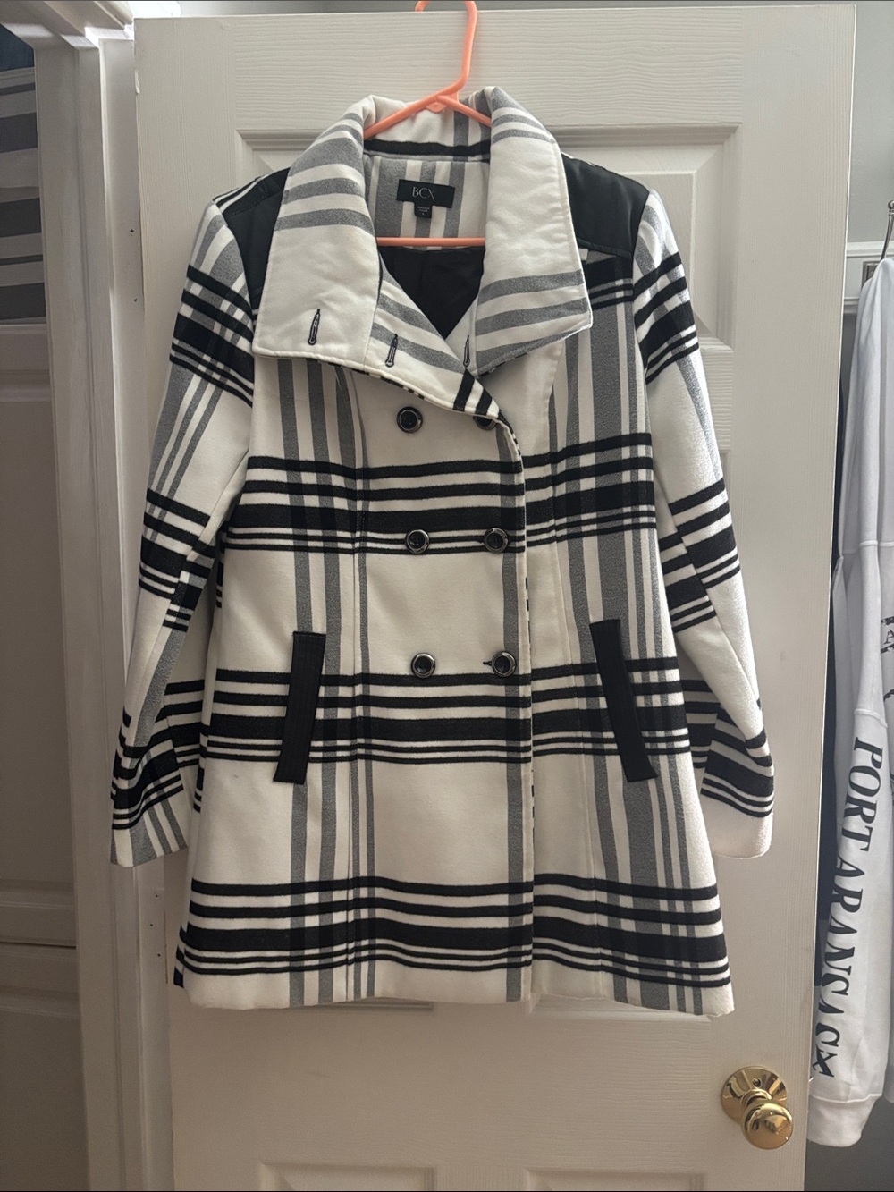 BCX Women's Black & White Plaid Double-Breasted Pea Coat